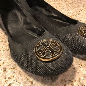 Tory Burch Rare Black and Gold Fabric Flats